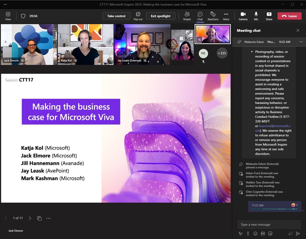 mkashman's tweet photo. That was fun. #CTT17 #MSInspire 

Great questions and feedback about making the business case for Microsoft Viva. Appreciate everyone's engagement. 

Thanks again to Katja, Jack, @ImJillHannemann, and @JayLeask for your support. 

Go, #MSFTViva, go! https://t.co/4QsVbx1dLd