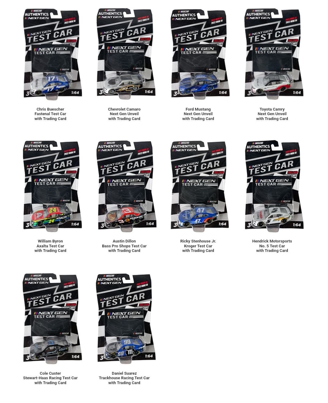Nascar Authentics 2022 Next Gen Test Car Wave 1 Complete Set of 10