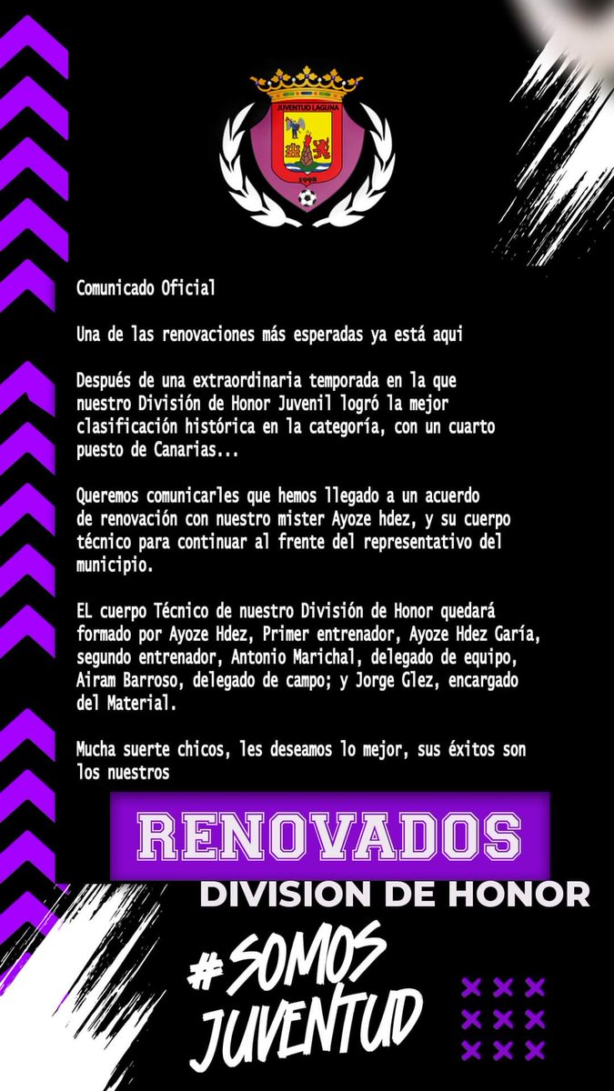 LAGUNAJUVENTUD's tweet photo. ✍️ El cuerpo técnico del Juvenil A continúa una campaña más, después del gran trabajo realizado durante la pasada campaña 👏💜

#SomosJuventud https://t.co/dKFu83Nujw