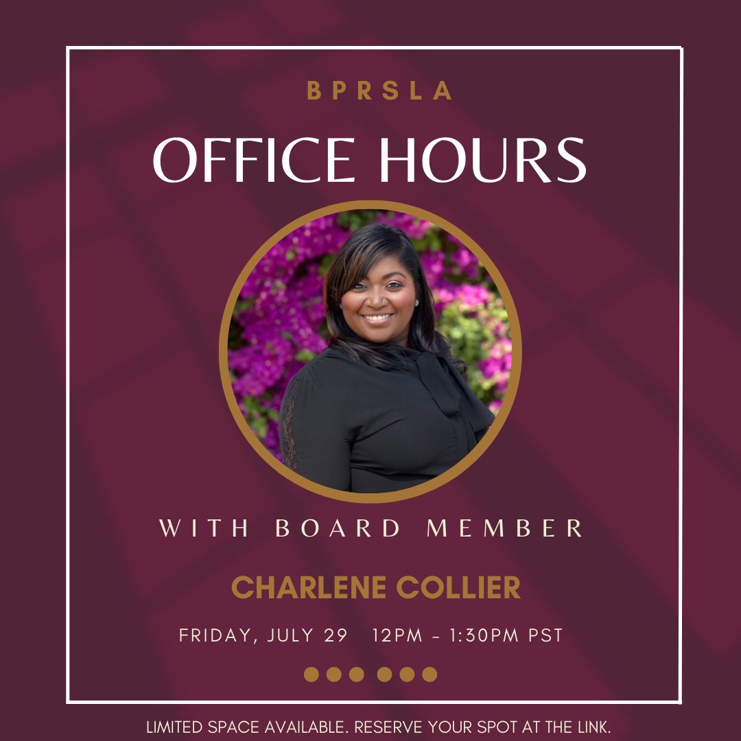 BPRSLA's tweet image. Black Public Relations Society, Los Angeles presents Summer Office Hours with Board member Charlene Collier, HR Business Partner, Manager at @Netflix.

RSVP by 7/25: forms.gle/q3kC6tyFvK8UdQ…
Must be a current member.

#Communications #PR #Propel #Serve #Build #BPRSLAOfficeHours