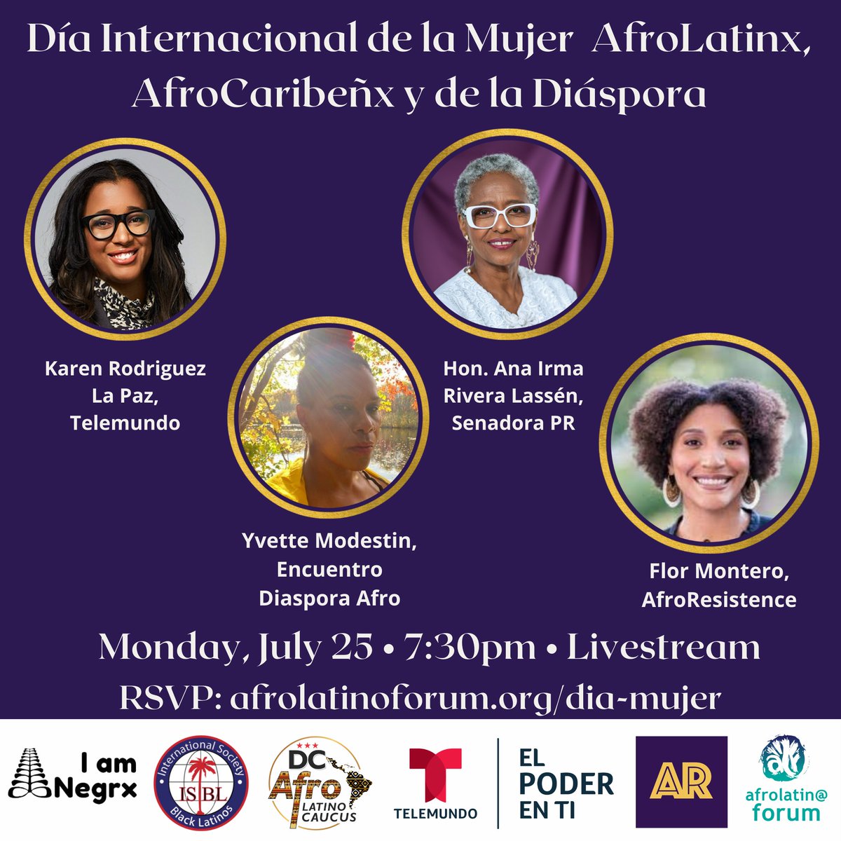 Just 5 more days til we hear from <a href="/soulfulafro/">Yvette Modestin</a>, <a href="/RLSenadora/">RiveraLassenSenadora</a>,and  <a href="/afro_resistance/">AfroResistance</a>! Join <a href="/IamNegrx/">IamNegrx</a>, <a href="/BlackLatinosOrg/">ISBL</a> <a href="/DCAfroLatino/">DCAfroLatinoCaucus</a> <a href="/afro_resistance/">AfroResistance</a> and <a href="/TelemundoEPET/">Telemundo - El Poder En TI</a> on Monday July 25th for a celebration of El Día de La Mujer Afro!

#diadelamujerafrodescendiente #diasporaafricana