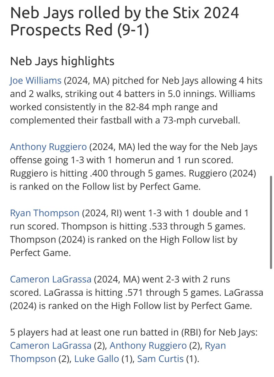 9-1 victory for the Jays in G5 in Georgia. 

<a href="/Jo2ephwilli4ms/">Joe Williams</a> was lights out on the mound going CG! FB 82-84 Has been great all summer, can really PITCH.

<a href="/ryanthompson157/">Ryan Thompson</a> w/ another 2B 2RBI
<a href="/CamLagrassa/">Cam LaGrassa</a> 2-3 2RBI
<a href="/Anthonyr021/">Anthony Ruggiero</a> w/ a 2-run BOMB

<a href="/NorthEast_BBall/">NEB</a>