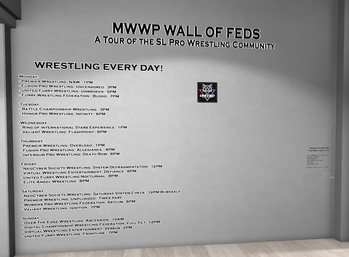 We're building the #WallOfFeds at the MWWP Mane Store! If you'd like your fed to appear on the wall, contact Aparoidedation Resident inworld and provide fed name, logo, show names, show times, and a landmark to your arena. No sponsorship agreement needed!
