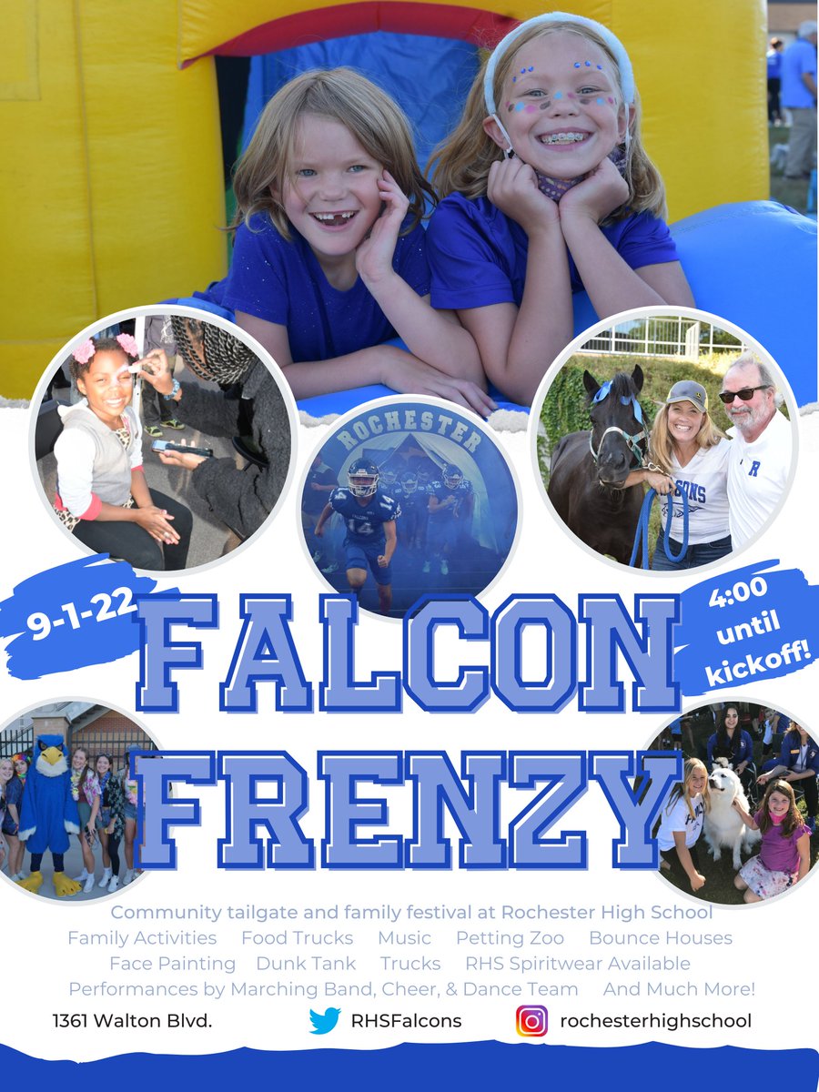 Rochester High School (@rhsfalcons) on Twitter photo In just 6 weeks, school will be back in session, Falcon football will be back in Rochester Stadium, and it will be time for the FALCON FRENZY! We hope to see you on Thursday, Sep. 1st for one of our favorite Traditions!
#CharacterTraditionAchievement In just 6 weeks, school will be back in session, Falcon football will be back in Rochester Stadium, and it will be time for the FALCON FRENZY! We hope to see you on Thursday, Sep. 1st for one of our favorite Traditions!
#CharacterTraditionAchievement