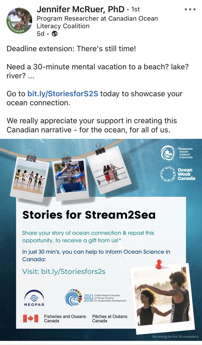 bit.ly/StoriesforS2S

Here is an insightful and meaningful experience to further your connection within your watershed - prizes and contributions to research are some additional incentives!