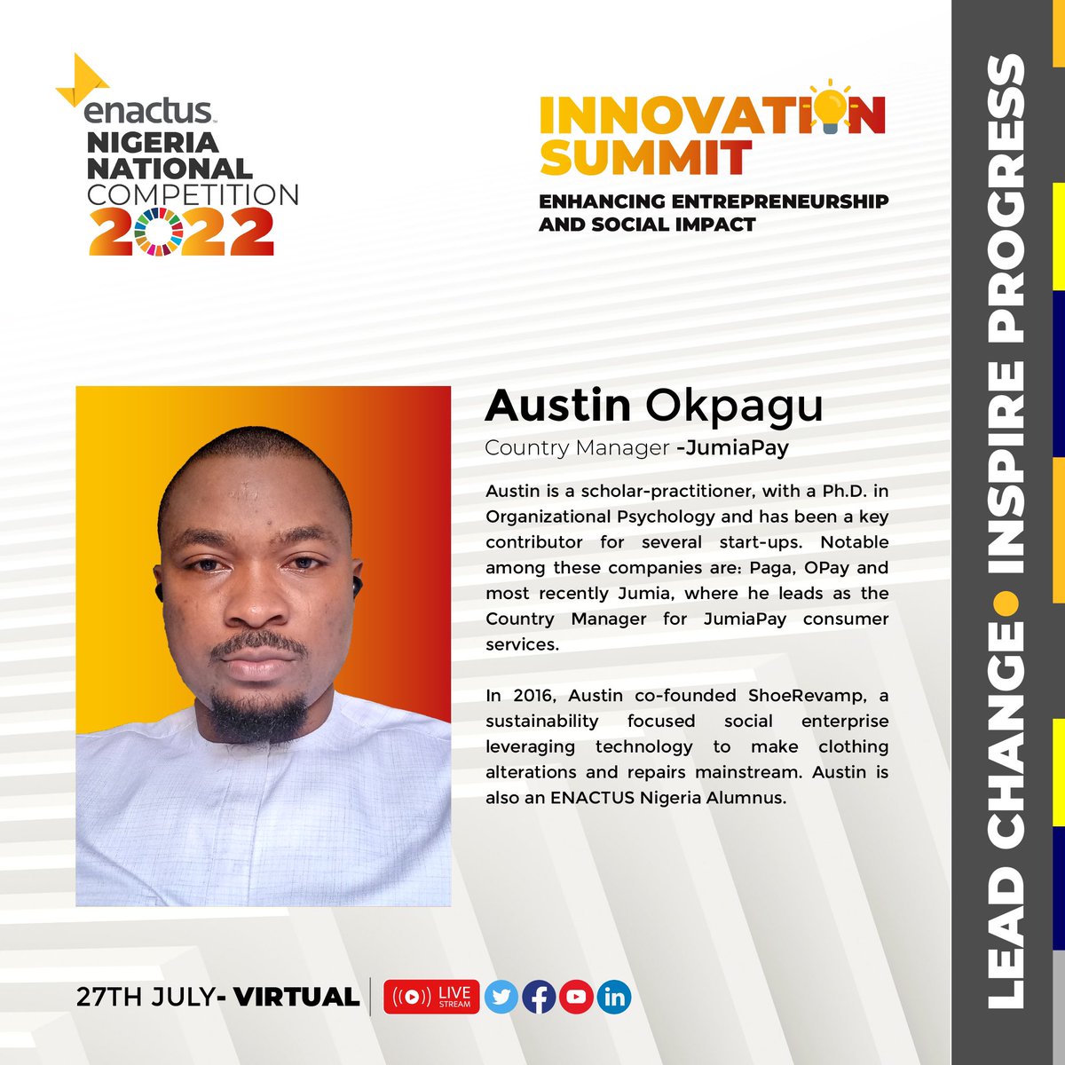 Join us on the 27th of July to learn from Austin Okpagu about how the Enactus program prepared him to become successful entrepreneurs and social innovators.

#EnactusNigeriaNC22
#EnactusNG
#WeAllWin