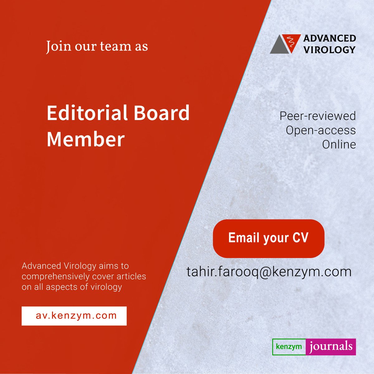 Adv_Virology's tweet photo. @Adv_Virology offers an inclusive venue for rigorous research across all domains of virology. If you are interested in a voluntary EB position at AV with a commitment to support our values and mission and deliver a quality experience to authors, AV welcomes you.
#WeAreHiring https://t.co/2bCX7rmPCj