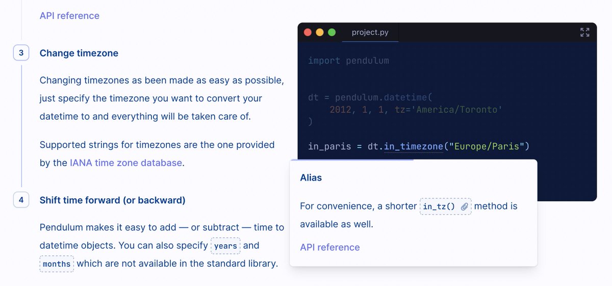 I am currently preparing the 3.0 release of Pendulum and I am rewriting the website and especially the documentation. It will be more interactive and hopefully clearer with more examples, context tooltips to provide additional information and, finally, a true API reference.