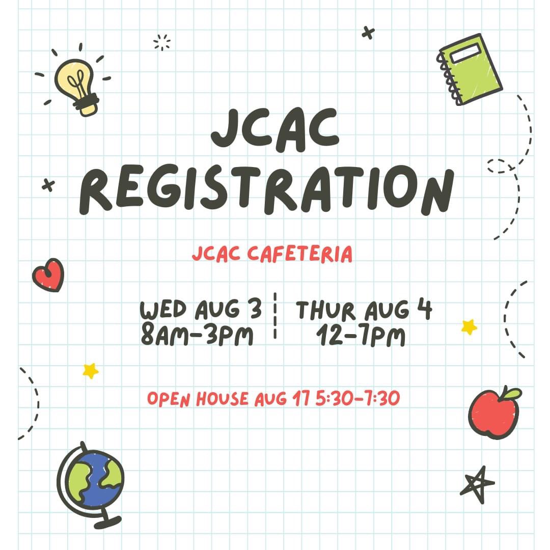 JCAC_School's tweet photo. Registration will be here before we know it! All students required to attend (even if you’ve previously filled out online registration). Meet your new principal, get your schedule, order your JCAC t-shirt, and more! It’ll be a blast. https://t.co/N9svEy4dwd