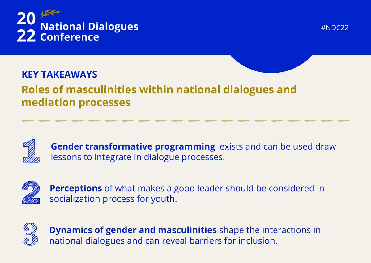 #Peacebuilding, including #nationaldialogues and mediation processes, are highly gendered. 

Check out the 3⃣ takeaways from our panelists: <a href="/Mashobane61/">Bafana Khumalo</a> <a href="/SonkeTogether/">Sonke Gender Justice</a> <a href="/EliseFeron1/">Élise Féron</a> <a href="/TapriTampereUni/">TAPRI Peace Research</a> <a href="/WILPF/">WILPF</a> <a href="/InclusivePeace/">Inclusive Peace</a>