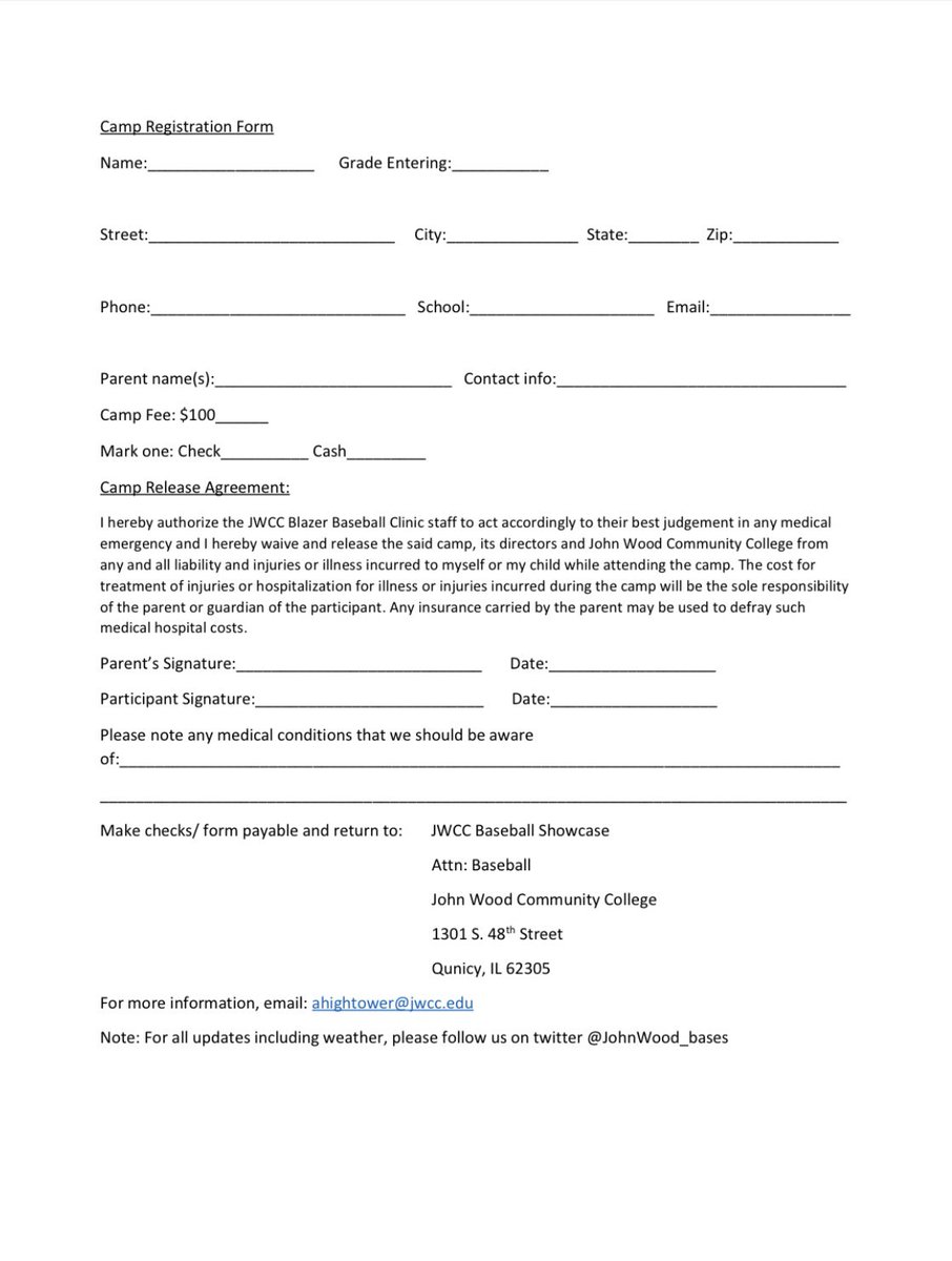 🚨JWCC Prospect Showcase🚨

👀 Flyer/ Registration form pictured

🗓 August, 20

📝 Have signed kids every year from this event 

Email ahightower@jwcc.edu with any questions.