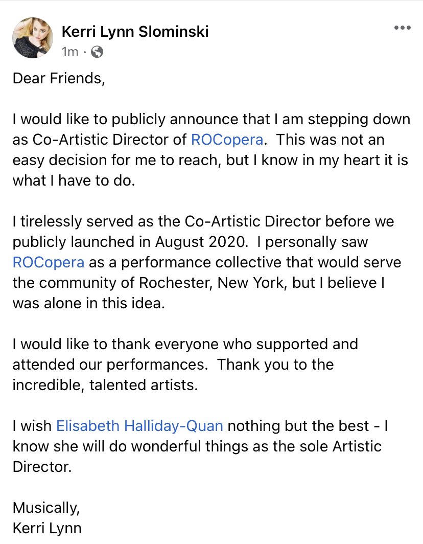 I am stepping down as Co-Artistic Director of <a href="/ROC_opera/">ROCopera</a>.  Read my statement here: