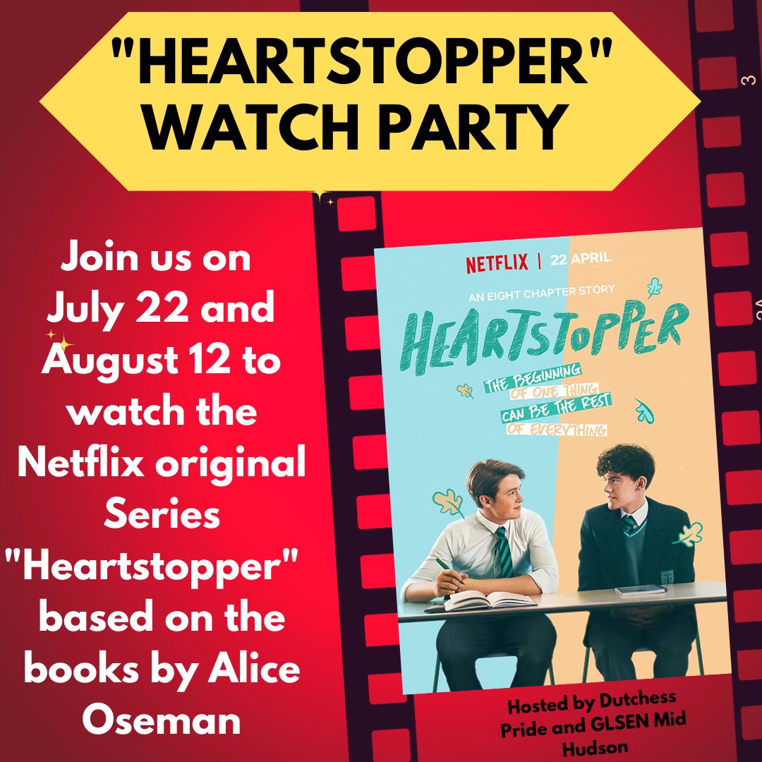 There will be pizza, popcorn, and a book raffle of the graphic novels the series is based on, for those in attendance! 🍕📚🥳

See you there! 

Message or email kory@midhudson.glsen.org
for more info. 

#HeartstopperViewingParty #RepresentationMatters #LGBTQStudents #SafeSpaces