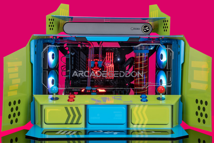 Newegg's tweet photo. One lucky 🙆‍♂️will get this custom @Arcadegeddon @intelgaming PC. Powered by an #Intel i9-12900K &amp; water blocked @ASUS_ROG RTX 3080 STRIX and @ASUSUSA MB &amp; made to save Gilly's arcade. 
Bonus: Get #Arcadegeddon FREE w/ purchase of select Intel CPUs 
Enter https://t.co/hRxCZu2dsW https://t.co/RZj1wKtC1P