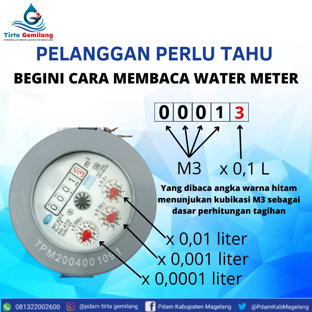 Perlu diketahui cara membaca water meter untuk mengetahui kubikase pemakaian air diharapkan untuk selalu mengecek water meter secara berkala.

Pembacaan saat ini menggunakan metode foto water meter oleh petugas secara rutin setiap tanggal 5 s/d 15 setiap bulannya.
