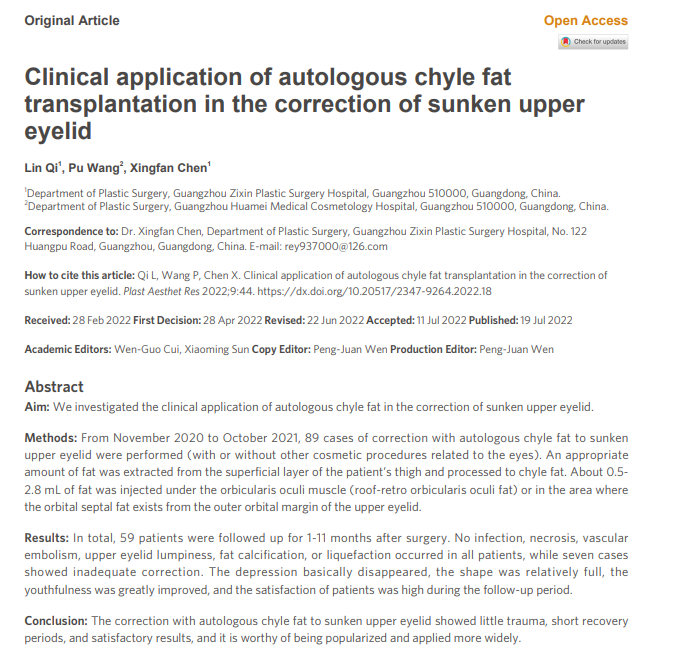 PARjournal's tweet photo. #Sunken upper eyelid #Chyle fat
Dr. Xingfan Chen's team present an excellent Original Article entitled: Clinical application of autologous chyle fat transplantation in the correction of sunken upper eyelid.
Online: https://t.co/zX8nOX727x
Welcome to read and share it! https://t.co/KItRpUfwMI