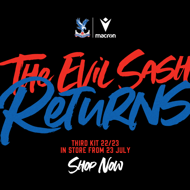 CPFC's tweet photo. The evil sash is back ⚡️

Introducing our 22/23 third kit available to buy online now 😍

@MacronSports | @cinchuk | @mukurudotcom

#CPFC