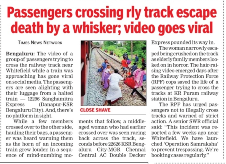 ChristinMP_'s tweet photo. Passengers crossing railway tracks escape death by whisker, video goes viral  @RailMinIndia @AshwiniVaishnaw @SWRRLY @drmsbc @RPF_INDIA @rpfswrsbc https://t.co/HGqHOHuQtv