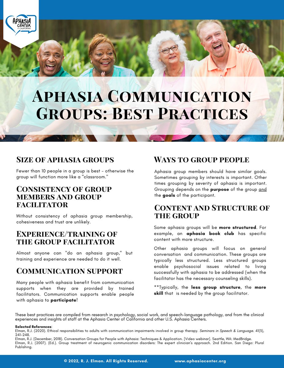 The Aphasia Center of California is pleased to present best practice guidelines for facilitating aphasia communication groups. Save this image or find the PDF at aphasiachallenge.org/bestpractices_… and share with anyone who may be interested! #aphasia #aphasiastrong #aphasiaresources