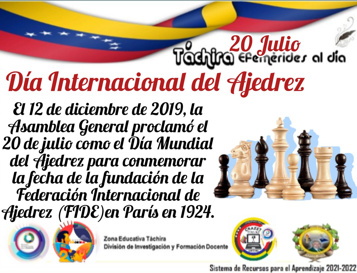 Efemérides del Día!! "Día Internacional del Ajedrez"
@MPPEDUCACION
<a href="/_laAvanzadora/">Yelitze Santaella</a>
<a href="/FreddyBernal/">Freddy Bernal</a>
@ZonaEducTachira
<a href="/berzabethg1/">Berzabethgandicaoficial</a>
@formacionzet
<a href="/Crazet2011/">Crazet2011</a>
<a href="/RedCordoba1/">Red Córdoba</a>
<a href="/ClifpmCordoba/">CLIFPM CORDOBA</a>
<a href="/yusara90012991/">Cordoba R.P.A</a>
<a href="/Especial13142/">Especial Córdoba</a>
@SPETachira
<a href="/SaludEscolar2/">Salud Escolar</a>