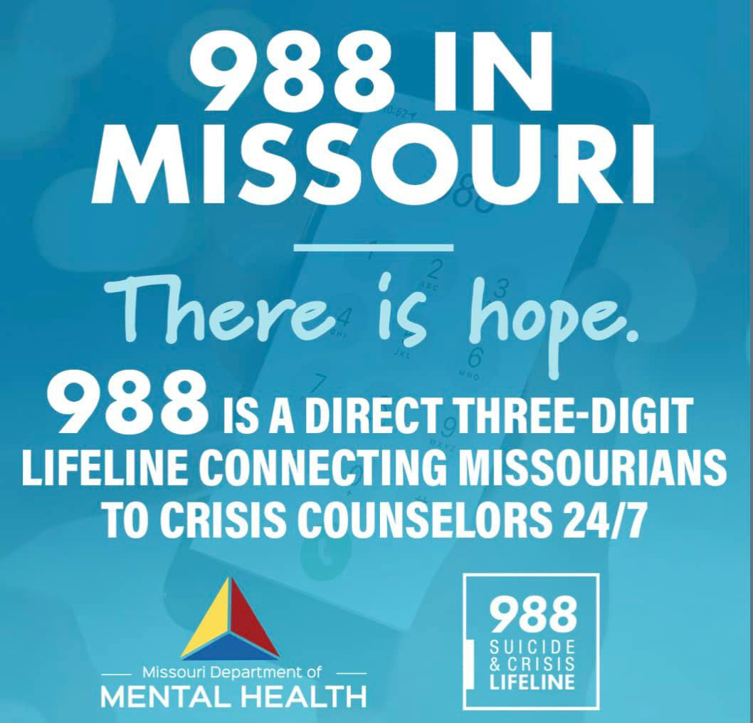 MoDNR's tweet photo. The 988 suicide and crisis lifeline is now available.
Missourians can call, text, or chat to be connected to trained counselors that will listen, provide support, and connect those in need to resources. #MentalHealthMatters  @HealthyLivingMo @MentalHealthMO @988Lifeline https://t.co/CQn9RcKpwF
