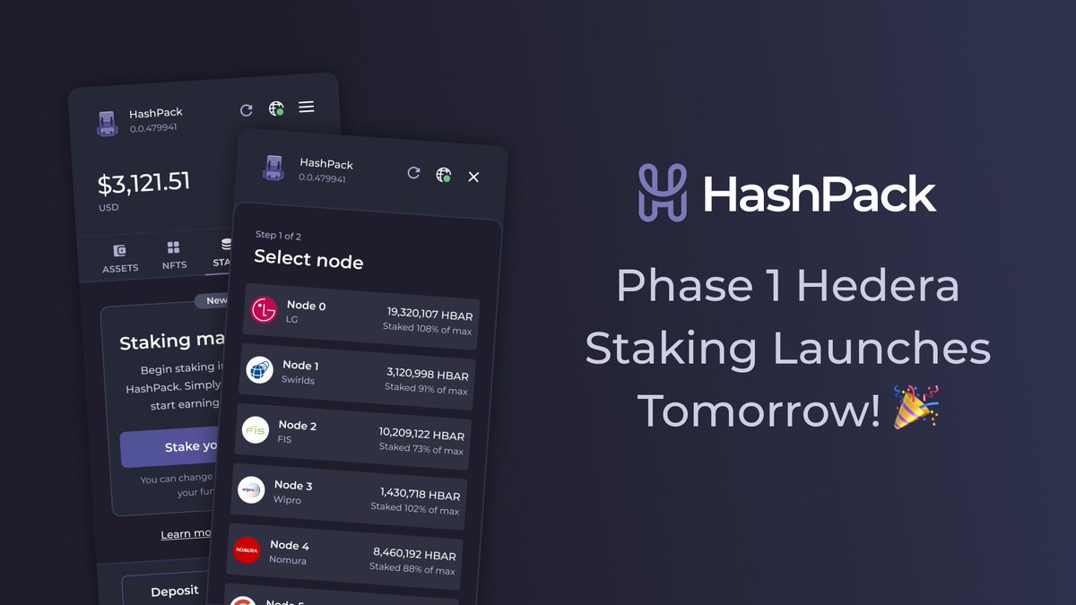 BREAKING – Phase 1 staking launches tomorrow! 🎉

You'll be able to select a node to stake your balance to. There will be no rewards until phase 2. 

And yes, you will be able to select a node to stake in HashPack tomorrow! 

Learn more: docs.hedera.com/guides/core-co…