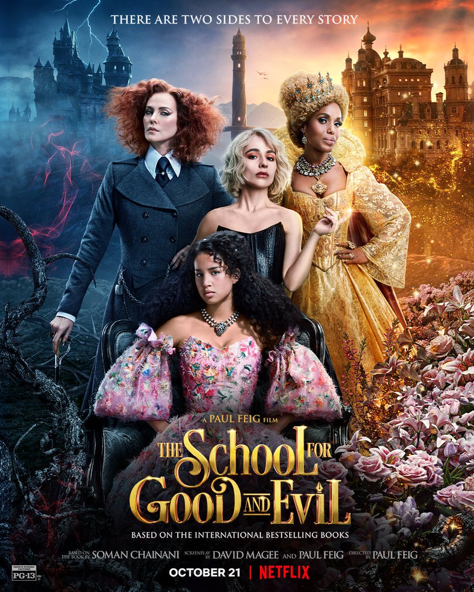 Whose side are you on? Sofia Wylie, Sophia Anne Caruso, Kerry Washington, and Charlize Theron star in The School for Good and Evil. Premiering October 21