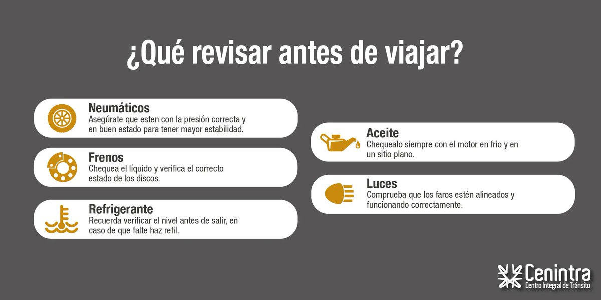 cenintra's tweet photo. Conductor precavido vale por dos. Asegúrate de que todo esté en buenas condiciones en tu vehículo antes de viajar. https://t.co/Zn1cDU2kA3