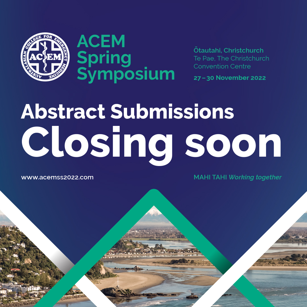 acemonline's tweet photo. Abstract submissions for the ACEM 2022 Spring Symposium close tomorrow, Friday 22 July. Submit your abstract now for three minute oral presentations, poster displays or both.

Submissions and more here: https://t.co/DHJO820zkL

#emergencymedicine #NewZealand https://t.co/h7pMPXUFG6