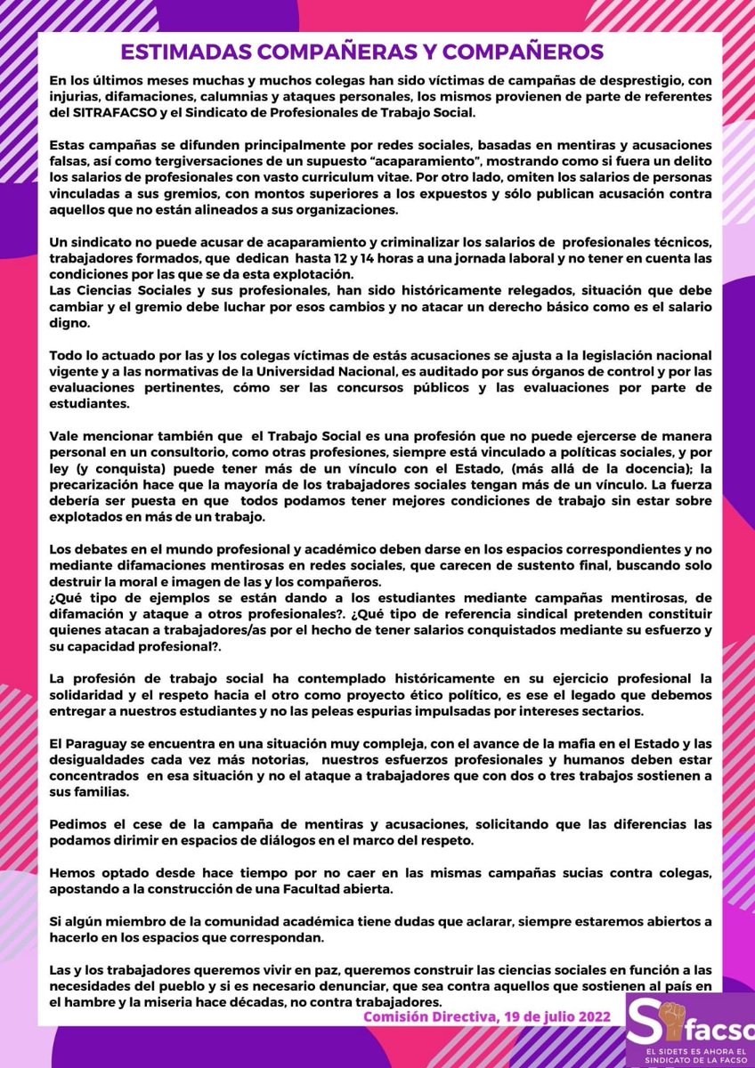 sidets1's tweet photo. #COMUNICADO 
📌Por el cese de la campaña de mentiras y acusaciones, solicitando que las diferencias las podamos dirimir en espacios de diálogos en el marco del respeto. https://t.co/g6b4tcE3Ho