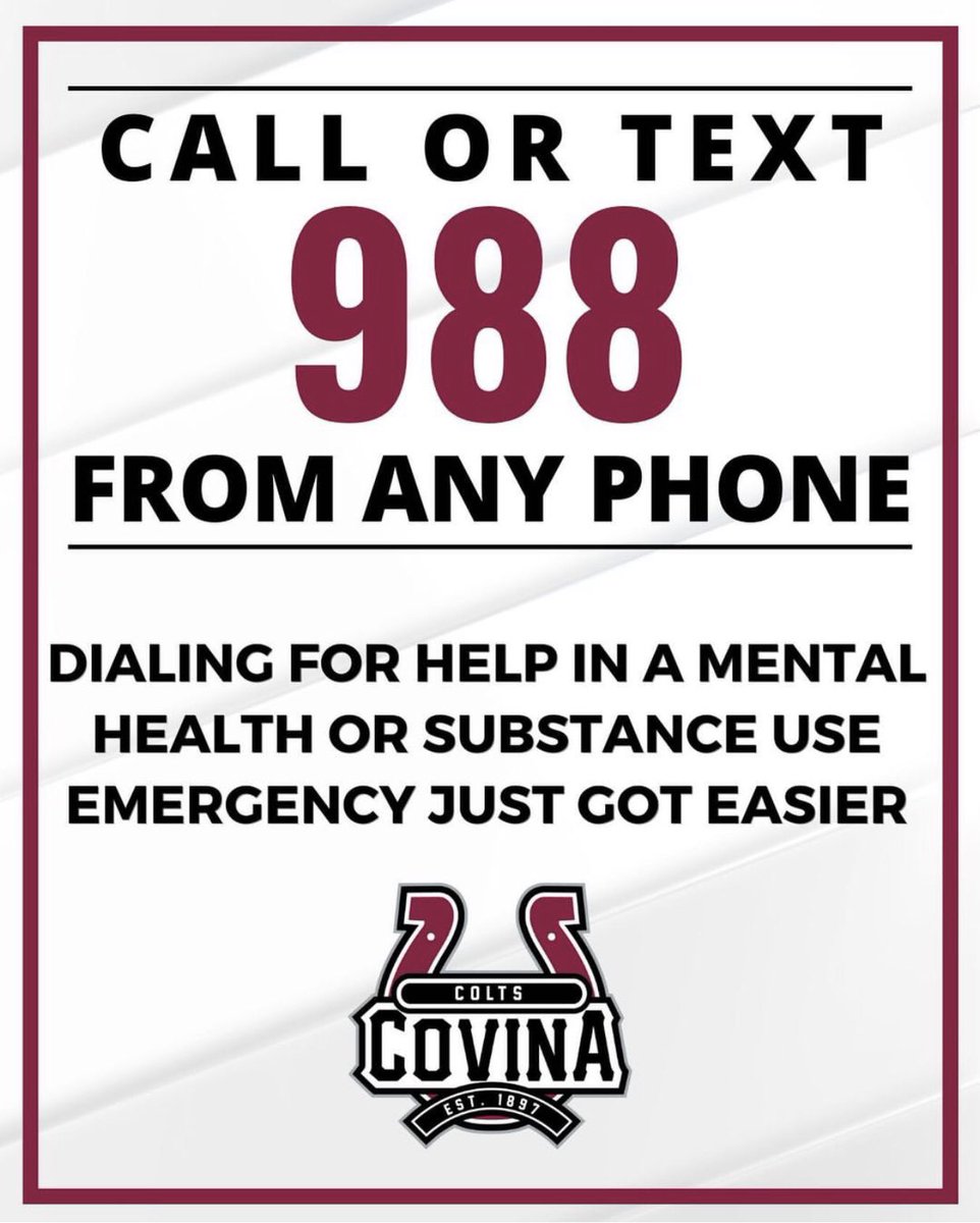 CovinaHighPTSA (@covinahighptsa) on Twitter photo The National Suicide Prevention Lifeline has a new three digit code, 988, which will connect individuals with trained counselors who can provide support and resources. The current lifeline number will remain the same. 988lifeline.org <a href="/covinacolts/">Covina High School</a> <a href="/ColtsCounseling/">Covina High Counseling</a> The National Suicide Prevention Lifeline has a new three digit code, 988, which will connect individuals with trained counselors who can provide support and resources. The current lifeline number will remain the same. 988lifeline.org <a href="/covinacolts/">Covina High School</a> <a href="/ColtsCounseling/">Covina High Counseling</a>