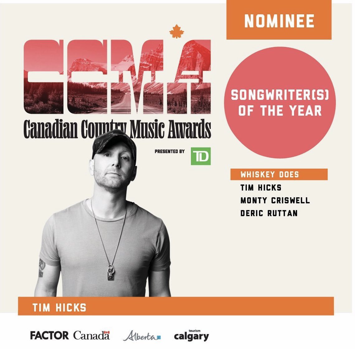 Thanks for the love today, CCMA! Thankful to be nominated for SOTY at this year’s Canadian Country Music Awards (alongside Tim Hicks and Monty Criswell), for writing Tim’s song “Whiskey Does”. Good luck to all the nominees! #whiskeydoes #ccmanomday @timhicksmusic @CCMAofficial