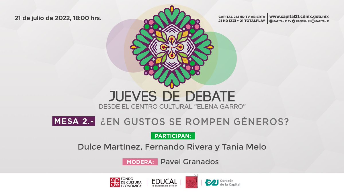¡Mañana llega el #JuevesDeDebate! 🇲🇽

Ciclo: "🎵Música en la ciudad🎶"
Mesa 2️⃣: "¿En gustos se rompen géneros?"

Con: Dulce Martínez, <a href="/Taniamelodia/">Tania Melo</a> y <a href="/monocordio/">Fernando Rivera C.</a>
Modera: <a href="/pavelgranados/">Pavel Granados</a> Dir. de la <a href="/Fonoteca/">Fonoteca Nacional</a>

⏰18:00 h
✅ Por el 21.1 TV📺y RRSS📲
📍 Desde el <a href="/cc_elenagarro/">CC Elena Garro</a>