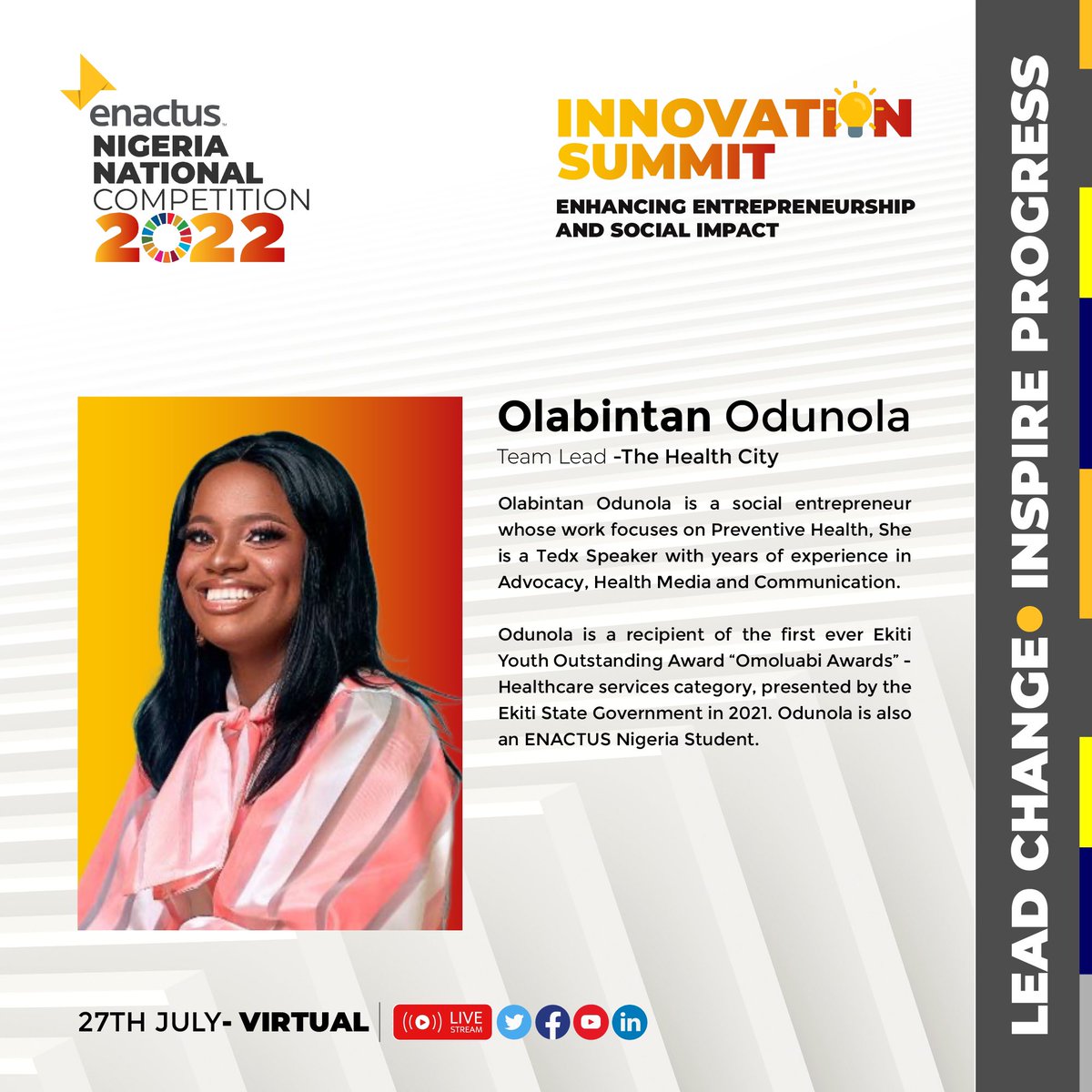 Join us on the 27th of July to learn from Olabintan Odunola about how the Enactus program prepared her to become successful entrepreneurs and social innovators.

#EnactusNigeriaNC22
#EnactusNG
#WeAllWin