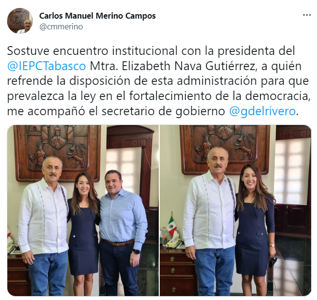 xevtfm's tweet photo. 📸 #EnFotos | Durante la reunión con la presidente del @IEPCTabasco #ElizabethNava el gobernador @cmmerino refrendó su disposición para que prevalezca la ley en el fortalecimiento de la #democracia.
Al encuentro también asistió @gdelrivero, secretario de Gobierno. https://t.co/ety3Pb1Fbr