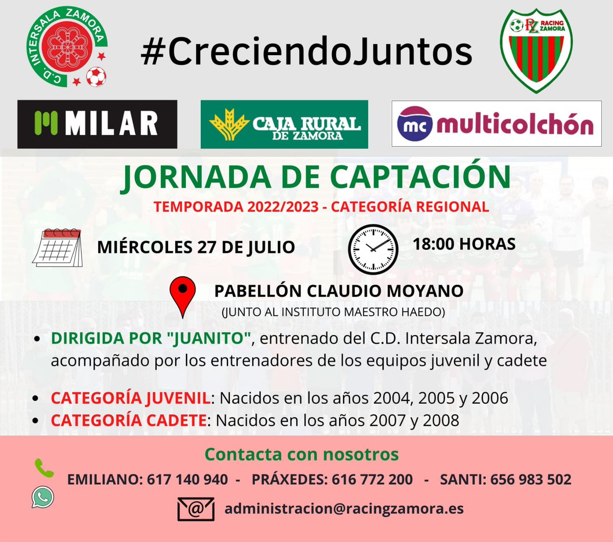 No dejes pasar esta oportunidad!! CAPTACIÓN DE JUGADOES.
Para la formación de equipos Juvenil Regional y Cadete Regional. Se recibirá a los futuros aspirantes el próximo día 27 a las 18:00h en el Pabellón Claudio Moyano - 
(Junto al instituto Maestro Haedo) 
TE ESPERAMOS...