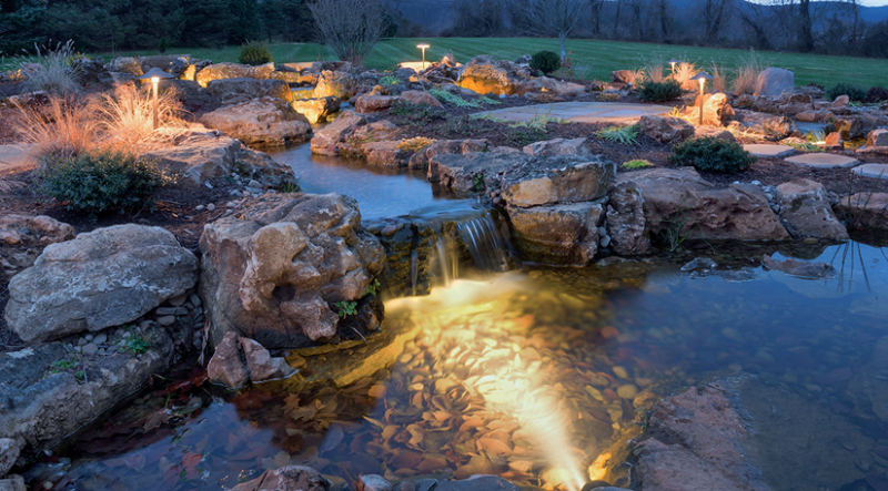 An absolutely gorgeous, lighted water feature by Scott McIlwee of BEE Landscaping!