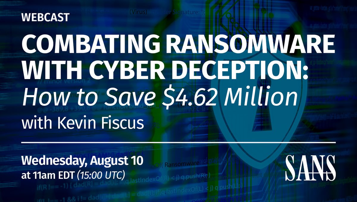 SANSOffensive's tweet image. Many security controls seek to stop or reduce #ransomware threats, but this has proven difficult. Fortunately, options are available even stopping the attack before it begins; #cyberdeception. Learn how to disrupt the ransomware kill chain.

Register here: sans.org/u/1mqw