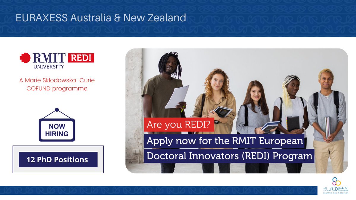 🇪🇺 #MSCA COFUND programme - REDI (RMIT European Doctoral Innovators), has opened 1️⃣2️⃣ #PhD positions in multiple disciplines.

🌏 Open for researchers of any nationality - to be hosted in 🇫🇷🇩🇪🇮🇹🇳🇱🇪🇸, including a residential year at <a href="/RMIT/">RMIT University</a> in 🇦🇺.

Read 👉 lnkd.in/gU73uubX