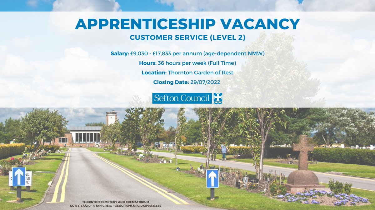 seftoncouncil's tweet image. APPRENTICESHIP VACANCY

Burial and Cremation Services are looking to recruit a Level 2 Customer Services Practitioner for a 15 month programme.

To apply, please request an application form by emailing Apprenticeships@sefton.gov.uk

ow.ly/WYMc50JMQ6N