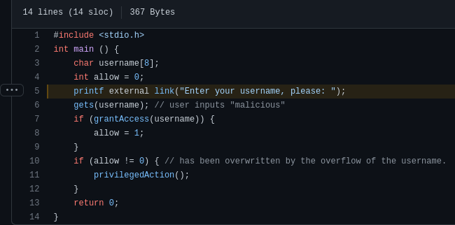 netspooky's tweet image. I was looking at some vuln code snippets for a thing I'm making and stumbled across this. At first I was like "do they mean extern? huh, are they making a symlink? wait, wut?". It didn't make any sense and I couldn't think of a reason why. Then I looked "printf external link" up.