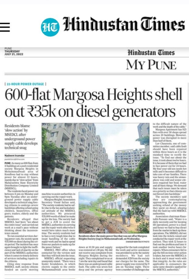 ymjoshi's tweet photo. Frequent disruption of electric supply is not new in #Pune. This story about  Margosa Heights residents facing 22-hour long power cut and spent Rs 35k for diesel to run generators is yet another in the series of woes locals are dealing with  https://t.co/iJMqgtNjJM https://t.co/tulqZfTVJ5
