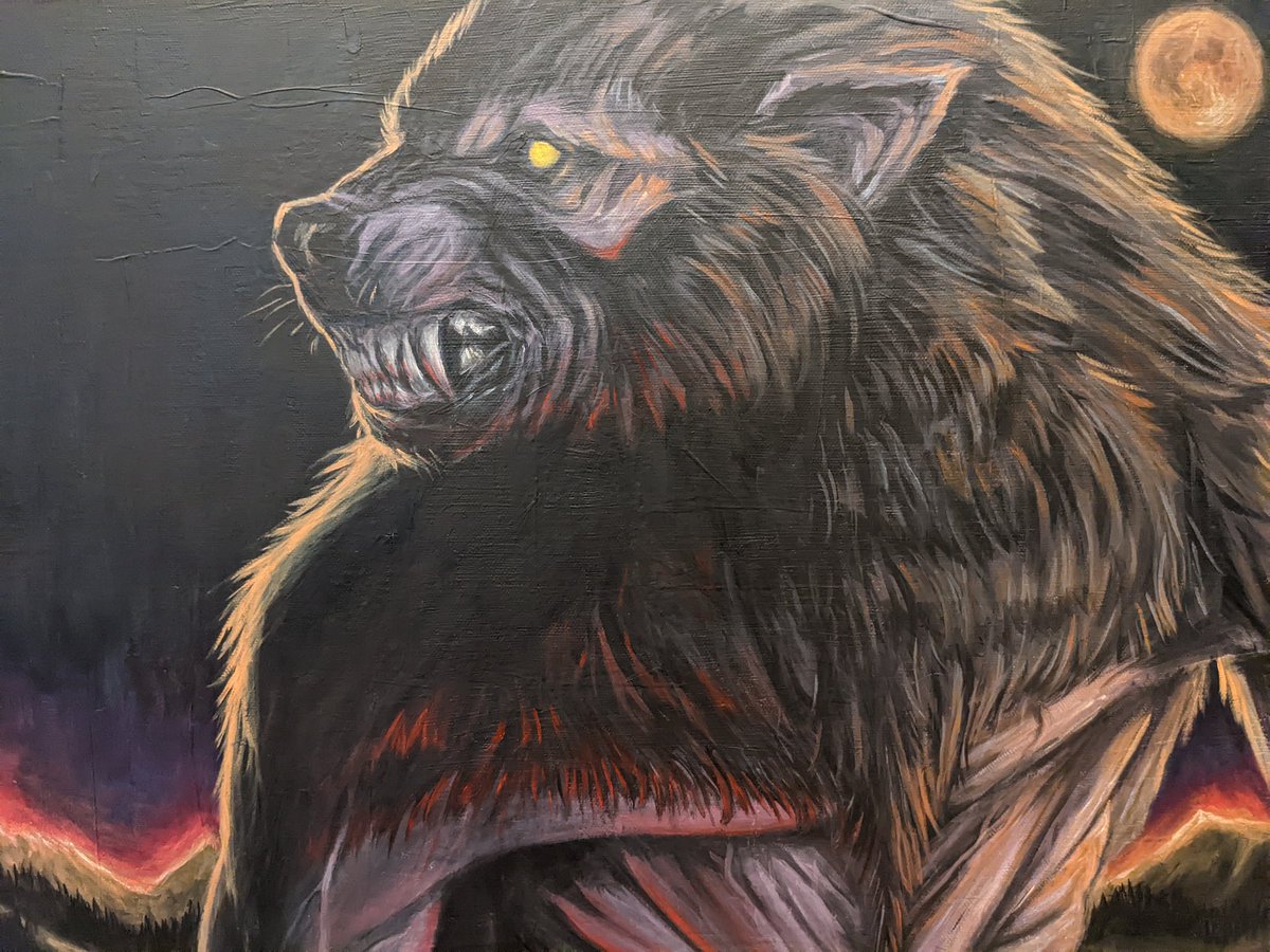 CitricCanine's tweet photo. Finished the werewolf painting! Just need to touch up a few spots and varnish! Will start an auction for it later. #WerewolfWednesday https://t.co/SSs8TkflJL