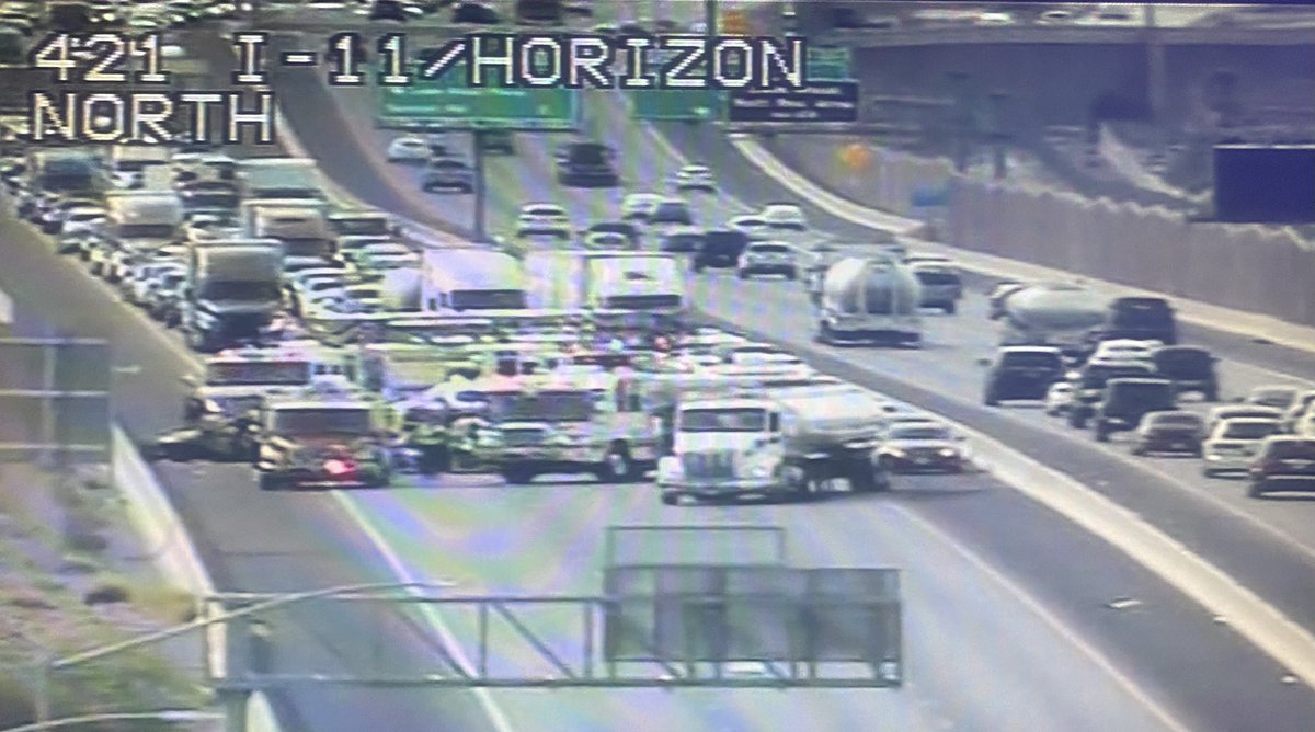 🚨 Injury accident on I-11 southbound blocking  lanes. Traffic squeezing by on the left shoulder. Backed up to to Lake Mead Pkwy. #traffic #lasvegas <a href="/News3LV/">KSNV News 3 Las Vegas</a>