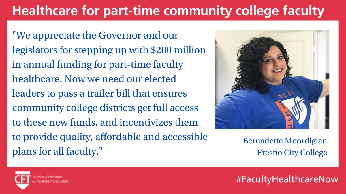 CFTunion's tweet photo. Thanks to Governor @GavinNewsom and Leg leaders for stepping up with $200 million in ongoing funding for part-time community college faculty healthcare. Still important work to do to ensure faculty have access to quality, affordable healthcare. #FacultyHealthcareNow https://t.co/lJF8M6o98V