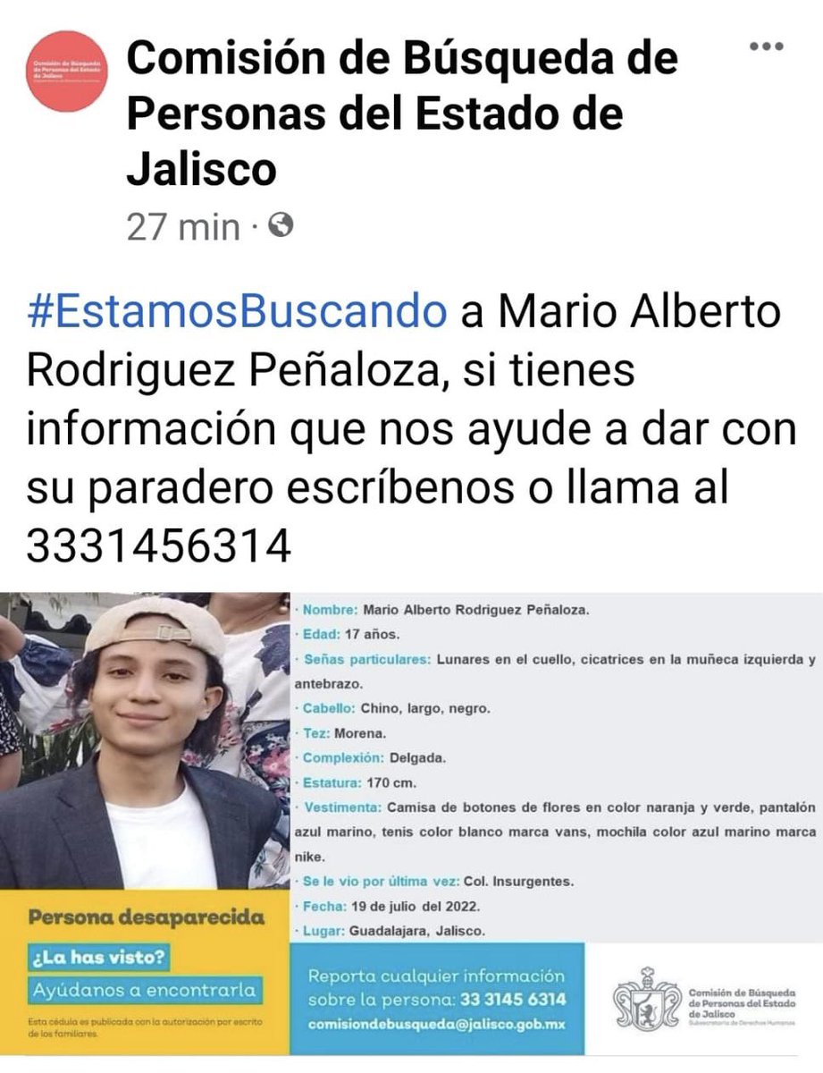 RadioPrepa19's tweet photo. #ServicioSocial necesitamos de tu apoyo para encontrar a #MarioRodriguez. Nos apoyas a compartir  @sems_udg @udg_oficial https://t.co/ndlC7we0Dc