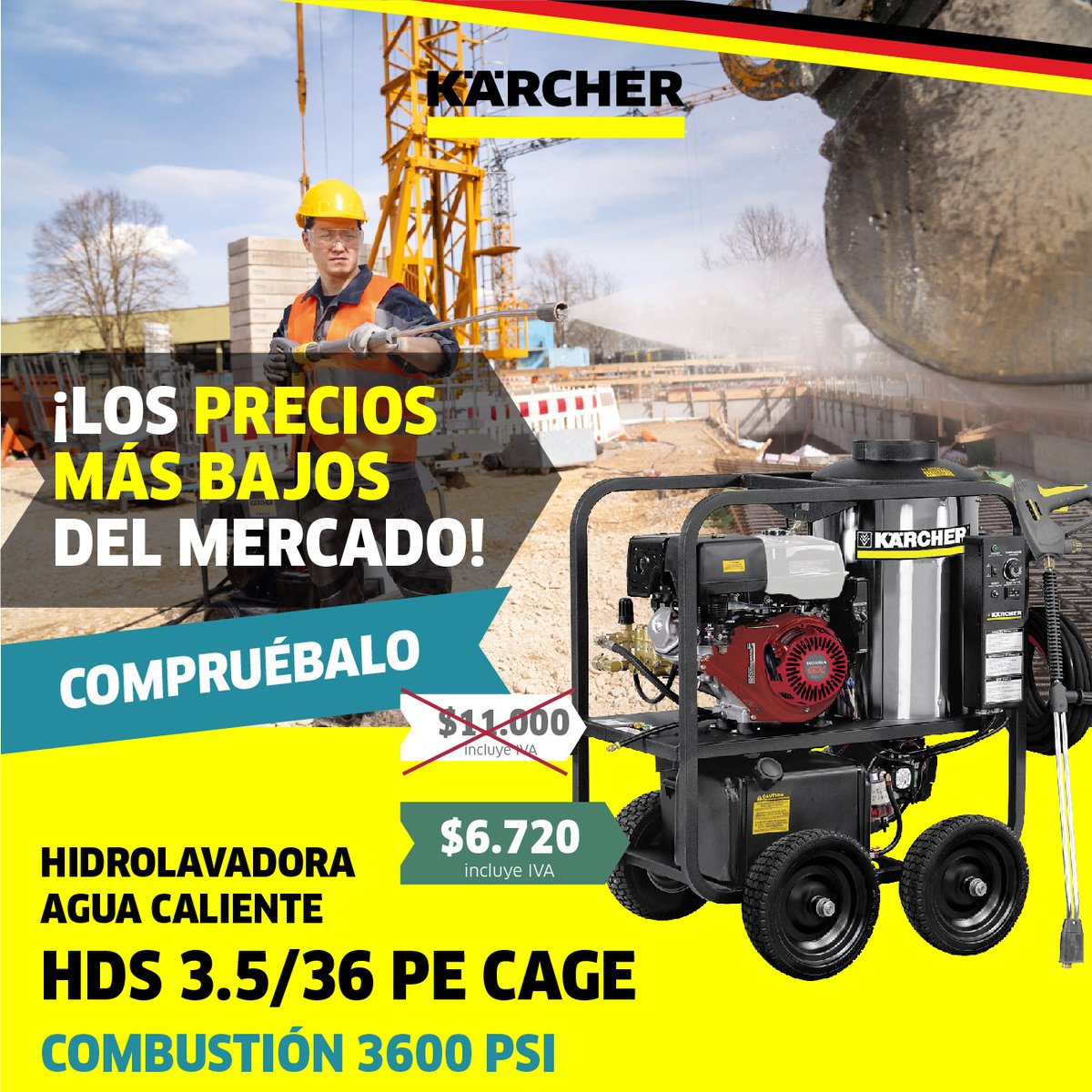 KarcherEcuador's tweet photo. Única hidrolavadora 100% a combustión con agua caliente HDS 3.5/36 PE con 3600 PSI de presión. Calidad alemana con el mejor precio del mercado. https://t.co/4KobPyDOkG