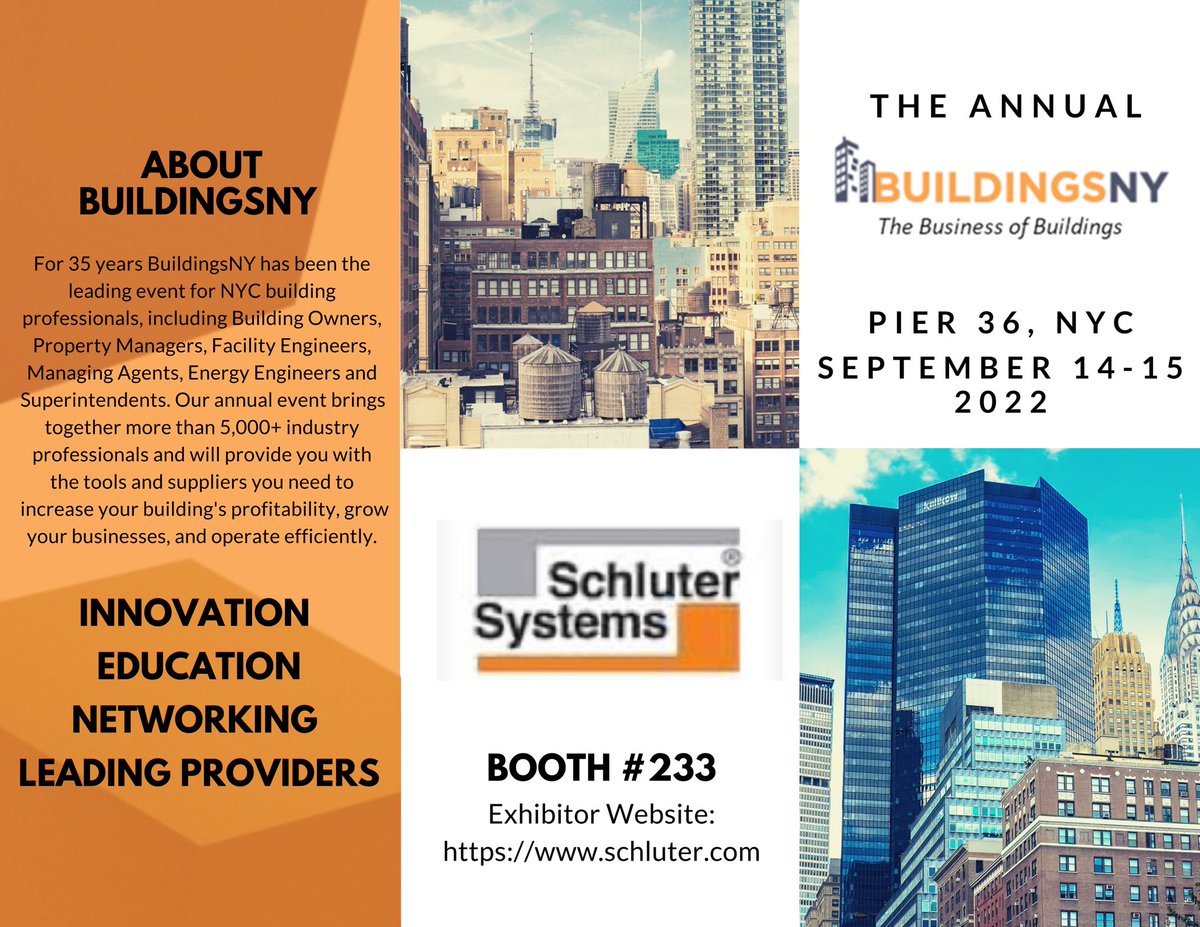 Welcome <a href="/schluterNA/">Schluter-Systems NA</a> to #BuildingsNY 

Schluter®-Systems is the leading provider of tile installation systems. Our knowledge, professional expertise and thorough understanding of the market allow us to provide innovative solutions based on the specific needs of the tile industry.