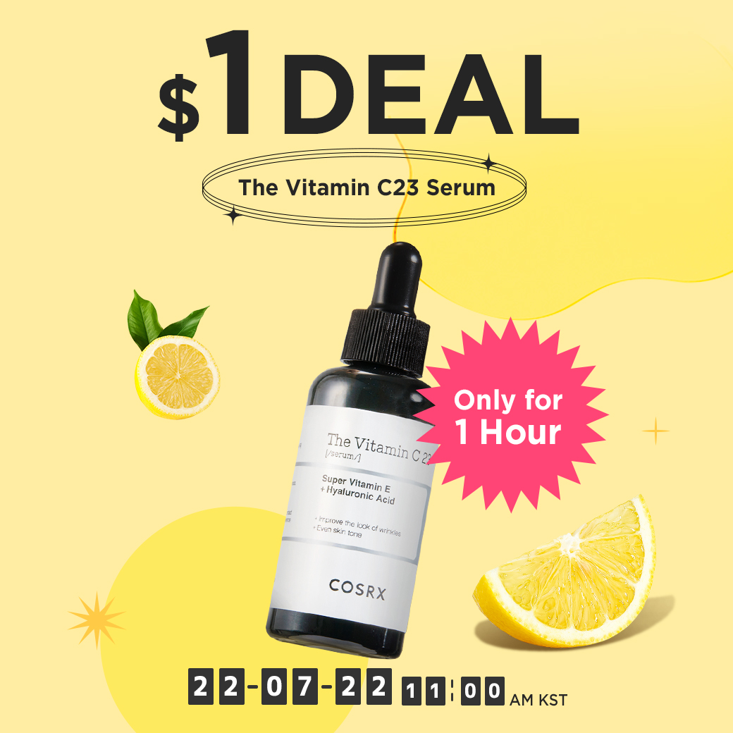 [D-1] COSRX $1 DEAL
THE VITAMIN C 23 SERUM

𝟮𝟬𝟮𝟮.𝟬𝟳.𝟮𝟮 𝟭𝟭𝗔𝗠-𝟭𝟮𝗣𝗠 𝗞𝗦𝗧

Exclusively available on STYLEKOREAN: 
bit.ly/3PmZ06L