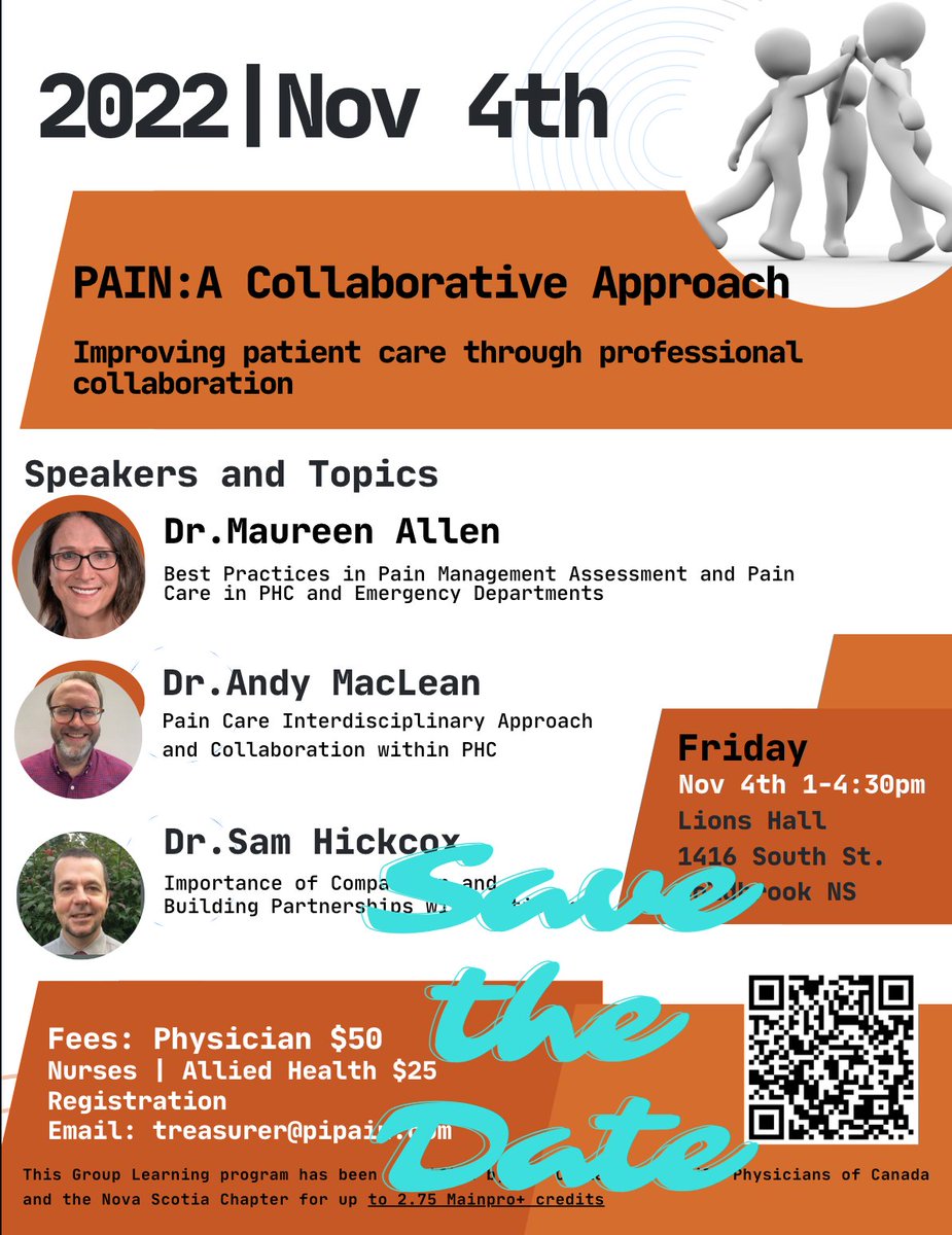 Save the date for Nov 4th, 2022
"Pain: A Collaborative Approach" conference (in person).

Registration details will follow in late August. 
<a href="/PainTalkPodcast/">Dr. Maureen Allen</a> <a href="/Doctors_NS/">Doctors Nova Scotia</a>